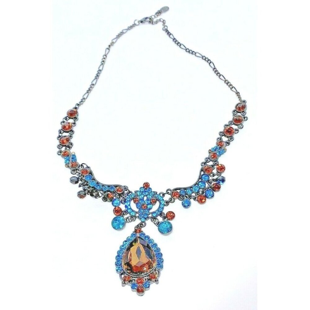 Rhinestone Bib Choker With Large Pendant Necklace Black Blue & Brown